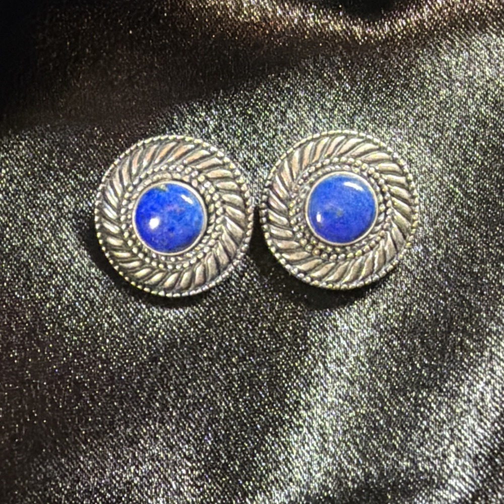 Vintage Lapis Lazuli Sterling Silver Carolyn Pollack Round Clip On Earrings